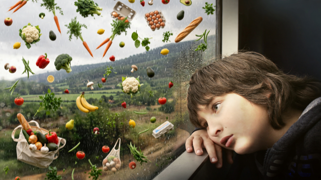 Ein Kind schaut traurig aus dem Fenster, vor dem Lebensmittel wie Gemüse, Eier und Brot durch den Regen fliegen