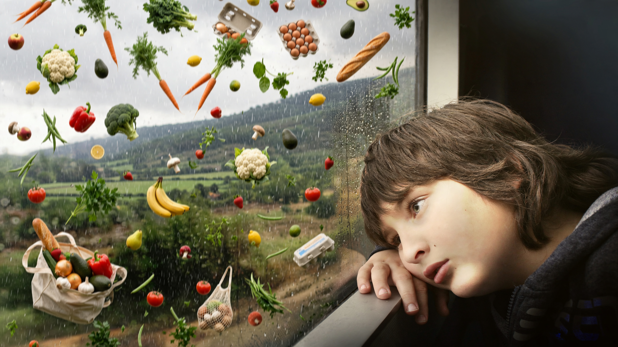 Ein Kind schaut traurig aus dem Fenster, vor dem Lebensmittel wie Gemüse, Eier und Brot durch den Regen fliegen